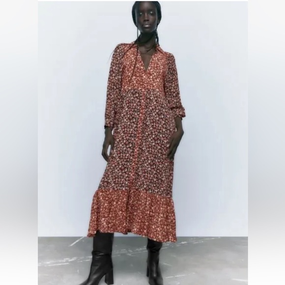 Zara • NEW • BROWN MAROON RED FLORAL PRINT BUTTONED LOOSE FIT MIDI DRESS • SMALL - Picture 2 of 11